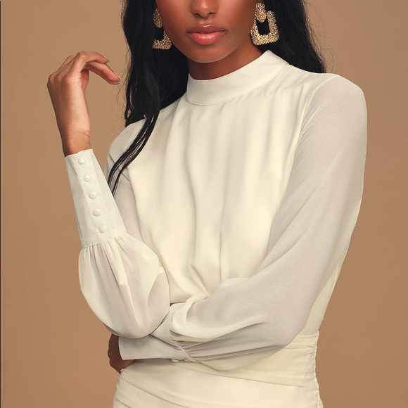 Lulu’s Cream Ruched Long Sleeve Mini Dress - Picture 3 of 5